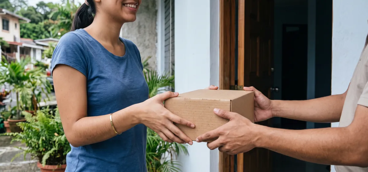 Clienta recibiendo su paquete en la puerta de su casa